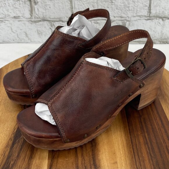 Bed Stu Marie Womens 8.5 Brown Teak 3" Heal Open Toe Leather Wood Clogs - Picture 1 of 13